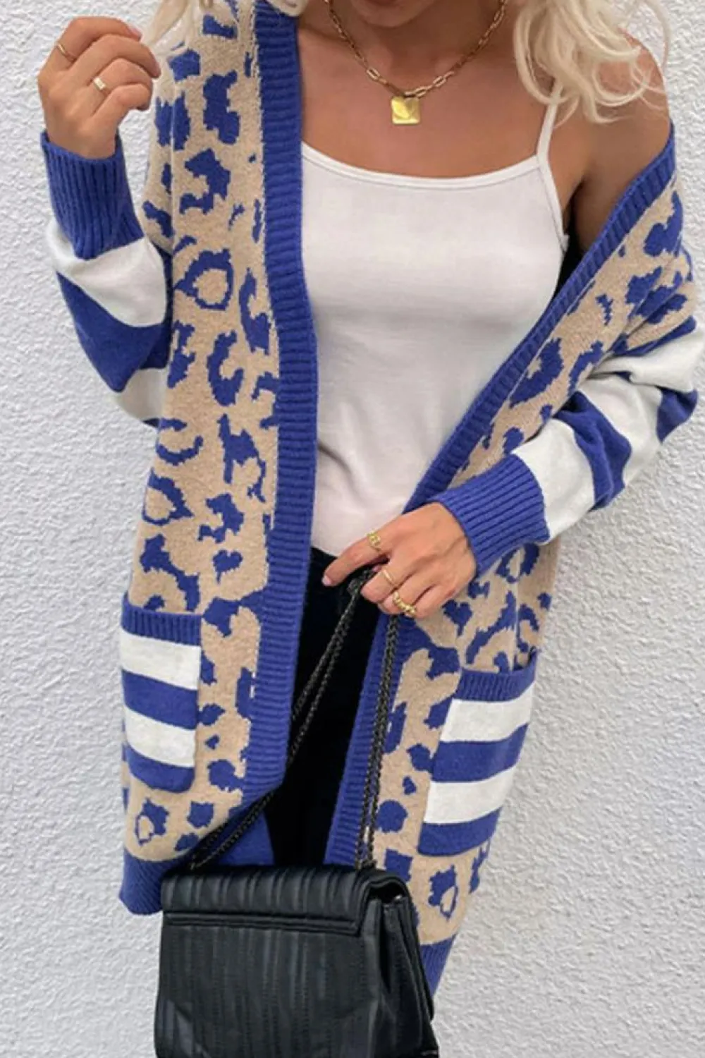 Hot Dear-Lover Stripe Sleeve Leopard Print Open Front Cardigan With Pockets Dark Blue