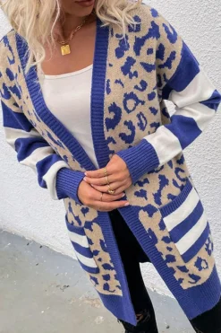 Hot Dear-Lover Stripe Sleeve Leopard Print Open Front Cardigan With Pockets Dark Blue