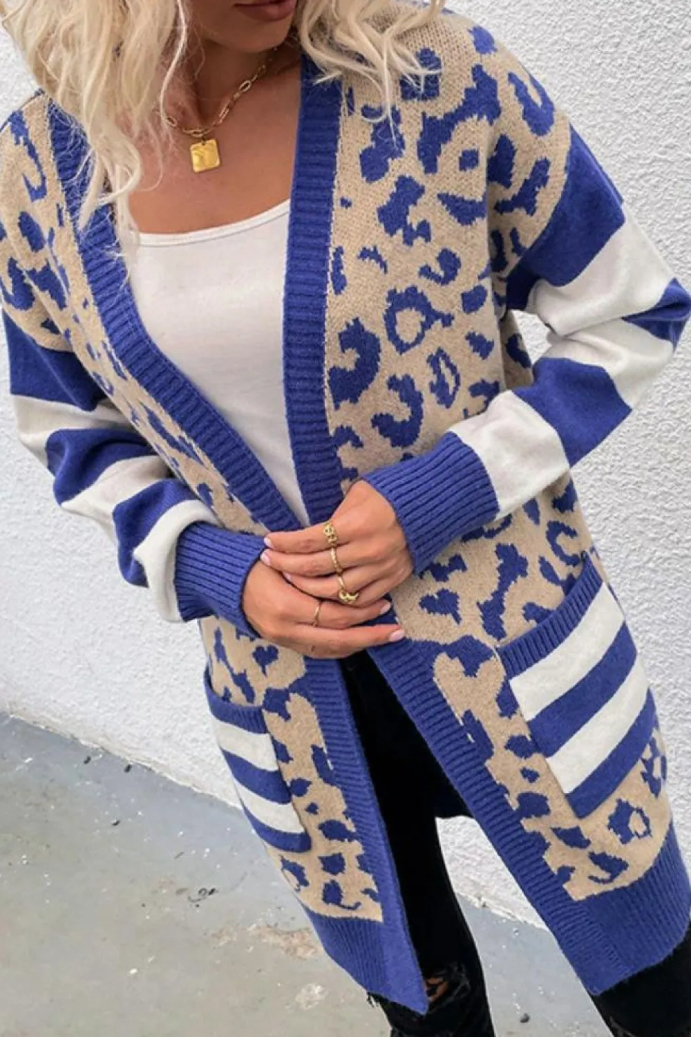 Hot Dear-Lover Stripe Sleeve Leopard Print Open Front Cardigan With Pockets Dark Blue