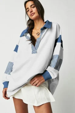 Outlet Dear-Lover Striped Colorblock Patchwork Collar Sweatshirt Dark Blue