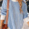 Outlet Dear-Lover Striped Textured Knit Contrast Edge Loose Sweater Dark Blue