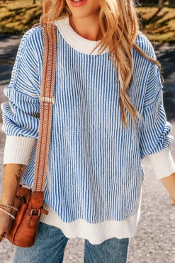 Outlet Dear-Lover Striped Textured Knit Contrast Edge Loose Sweater Dark Blue
