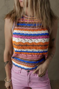 Hot Dear-Lover Striped Textured Knit Crew Neck Sweater Vest Dark Blue