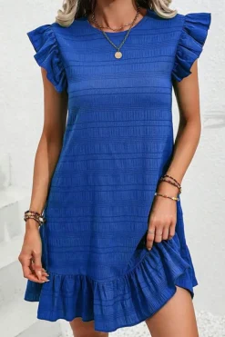 Hot Dear-Lover Textured Flutter Sleeve Ruffled Mini Dress Dark Blue