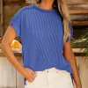 Discount Dear-Lover Textured Knit Exposed Stitching T-shirt Dark Blue