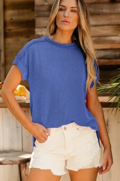 Discount Dear-Lover Textured Knit Exposed Stitching T-shirt Dark Blue