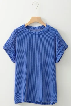 Discount Dear-Lover Textured Knit Exposed Stitching T-shirt Dark Blue