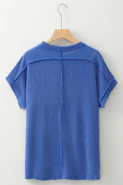 Discount Dear-Lover Textured Knit Exposed Stitching T-shirt Dark Blue