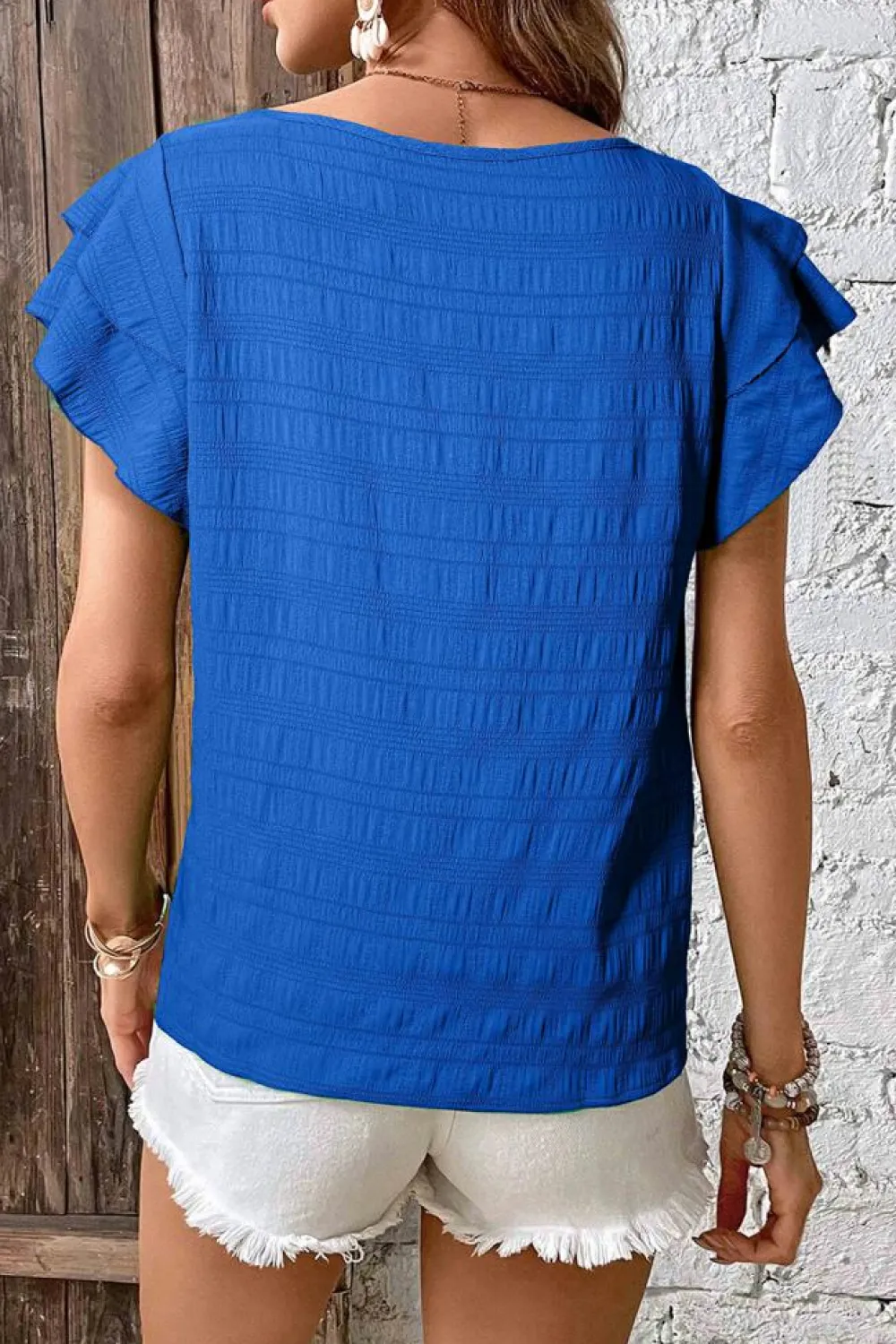 Clearance Dear-Lover Textured Ruffled Sleeve Round Neck Top Dark Blue