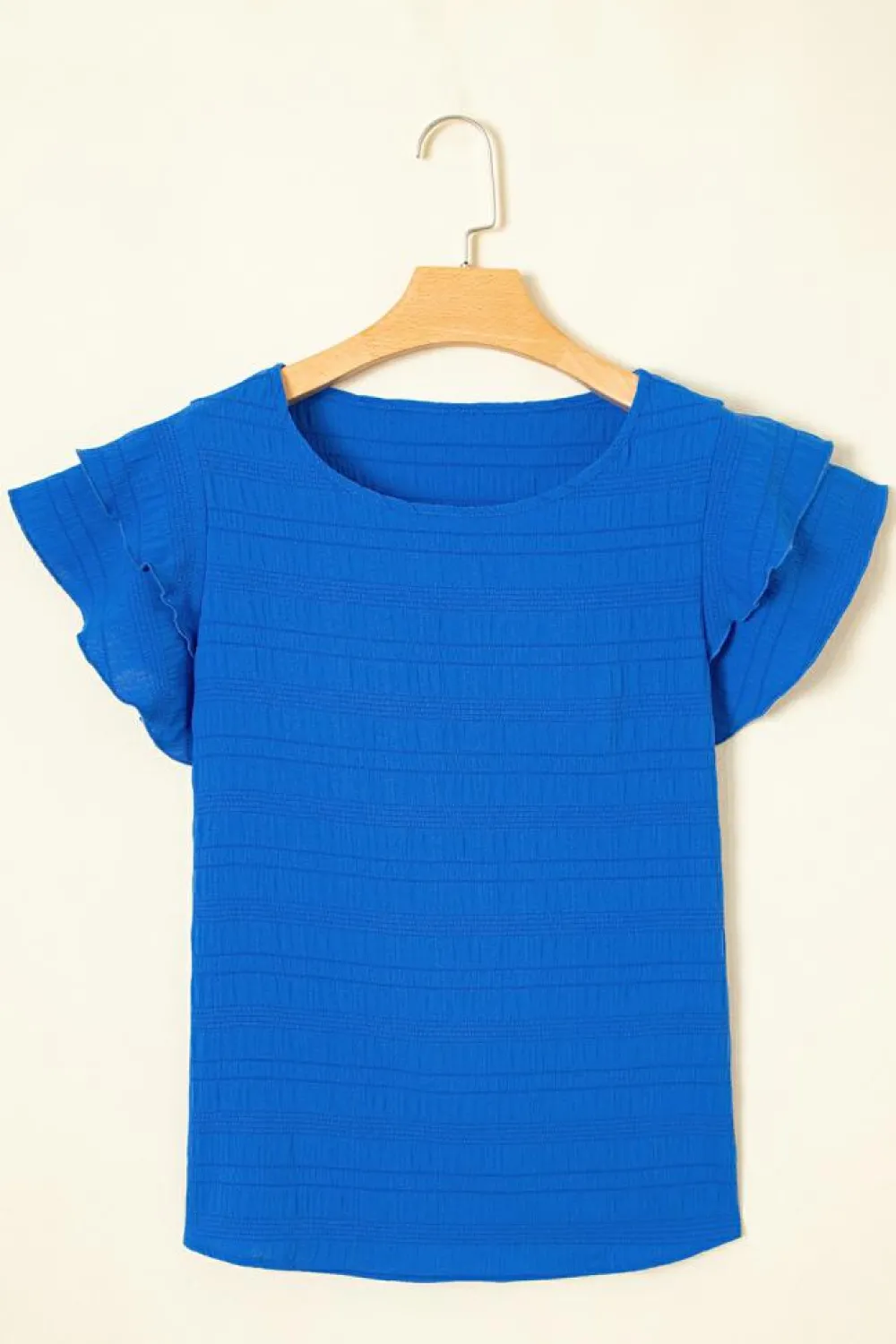 Clearance Dear-Lover Textured Ruffled Sleeve Round Neck Top Dark Blue