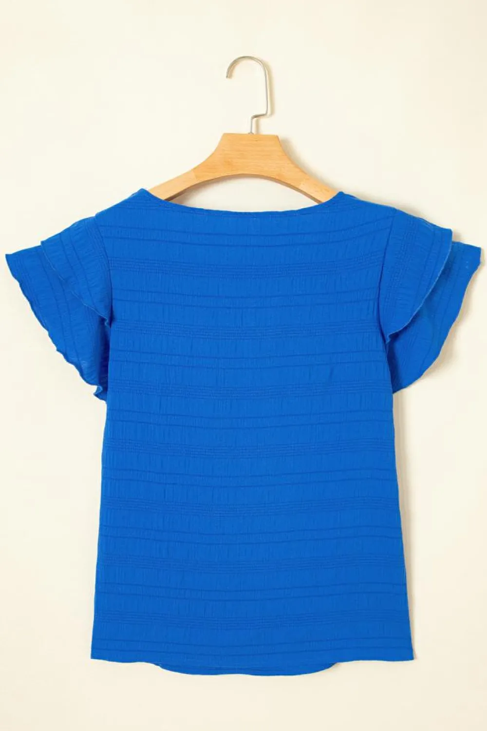 Clearance Dear-Lover Textured Ruffled Sleeve Round Neck Top Dark Blue