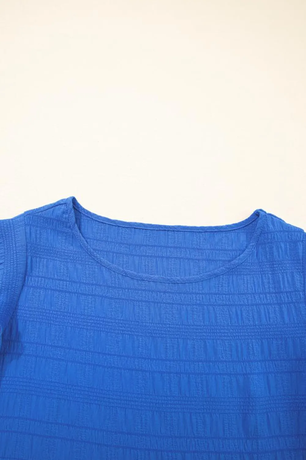 Clearance Dear-Lover Textured Ruffled Sleeve Round Neck Top Dark Blue