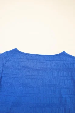 Clearance Dear-Lover Textured Ruffled Sleeve Round Neck Top Dark Blue