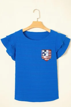 Discount Dear-Lover Textured Sequin Stars and Stripes Patched Ruffled Short Sleeve Blouse Dark Blue