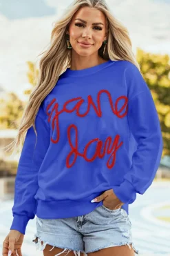 New Dear-Lover Tinsel Game Day Drop Shoulder Graphic Sweatshirt Dark Blue