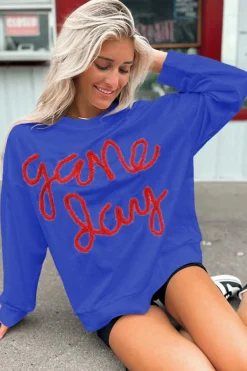 New Dear-Lover Tinsel Game Day Drop Shoulder Graphic Sweatshirt Dark Blue