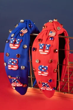 Hot Dear-Lover USA Flag Gemstone Decor Knotted Wide Headband Dark Blue