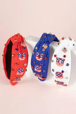 Hot Dear-Lover USA Flag Gemstone Decor Knotted Wide Headband Dark Blue
