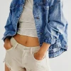 Clearance Dear-Lover Washed Oversize Pocketed Denim Jacket Dark Blue