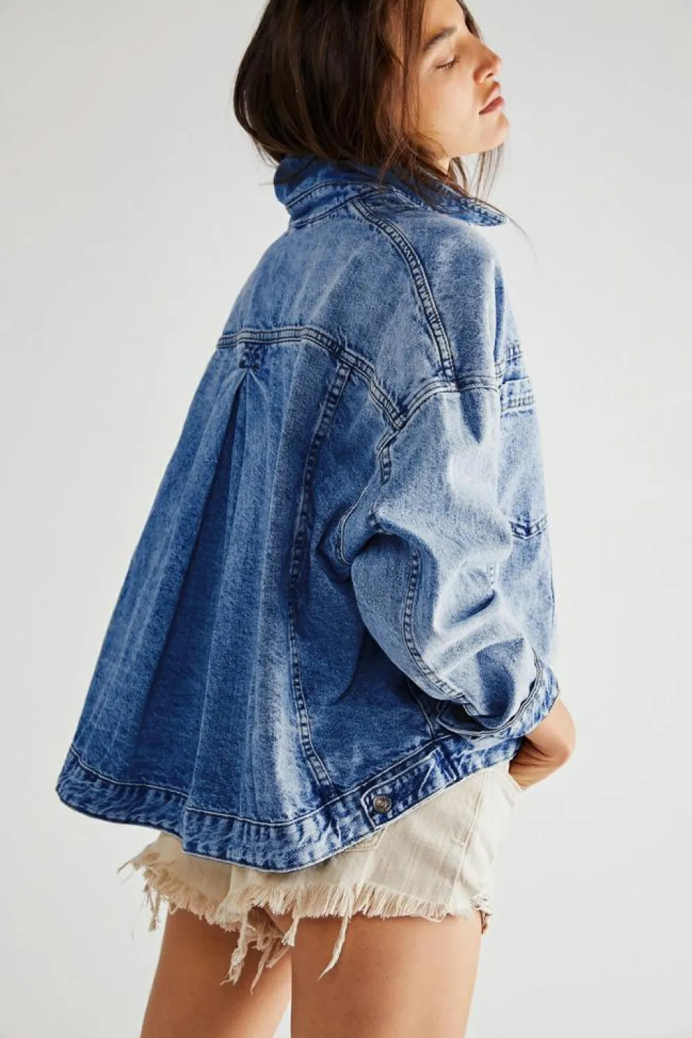 Clearance Dear-Lover Washed Oversize Pocketed Denim Jacket Dark Blue