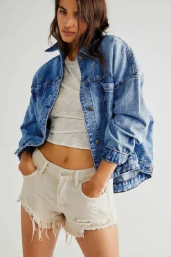 Clearance Dear-Lover Washed Oversize Pocketed Denim Jacket Dark Blue