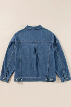 Clearance Dear-Lover Washed Oversize Pocketed Denim Jacket Dark Blue
