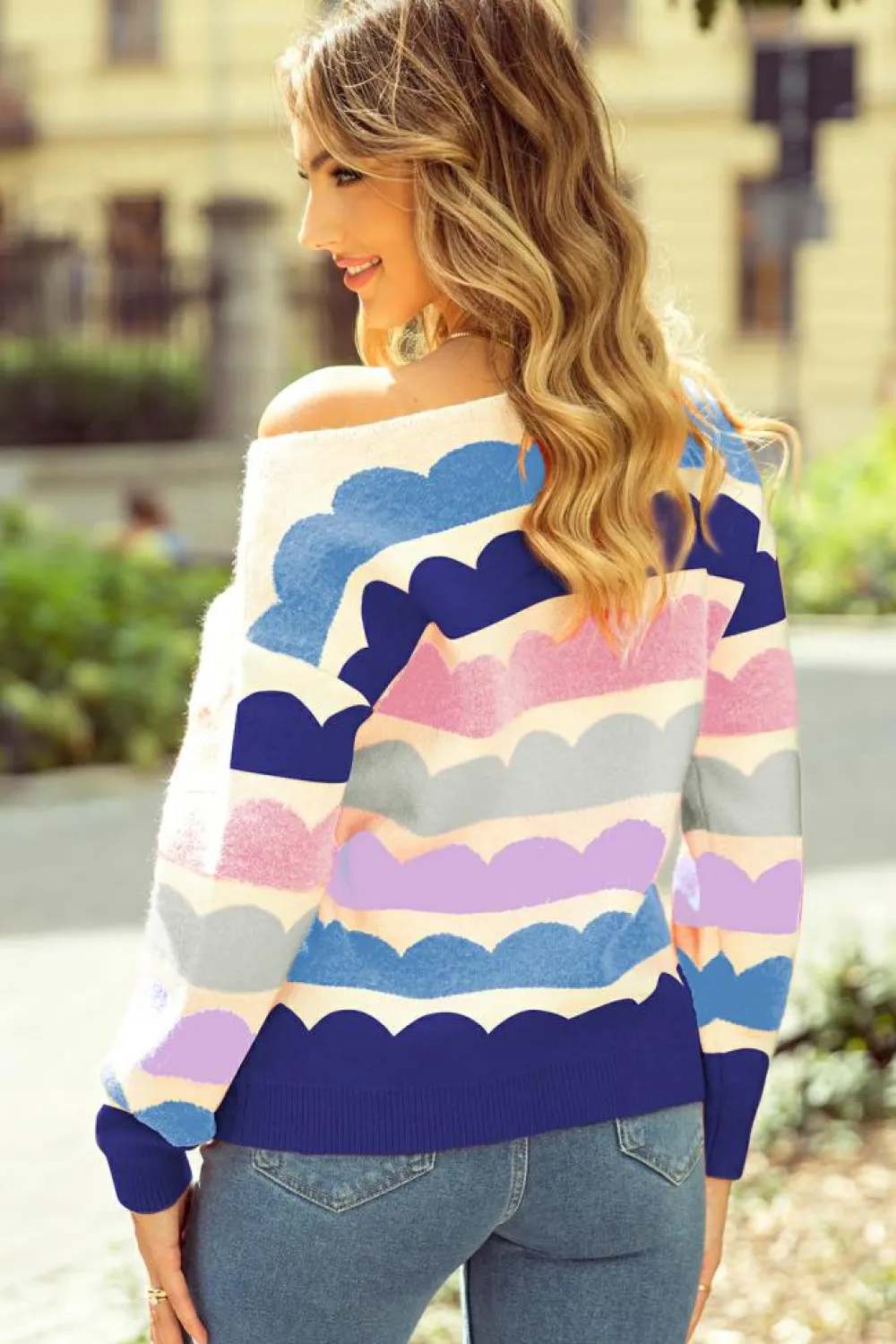 Clearance Dear-Lover Wave Striped Balloon Sleeve Drop Shoulder Sweater Dark Blue