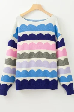 Clearance Dear-Lover Wave Striped Balloon Sleeve Drop Shoulder Sweater Dark Blue