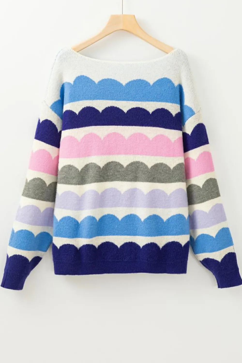 Clearance Dear-Lover Wave Striped Balloon Sleeve Drop Shoulder Sweater Dark Blue
