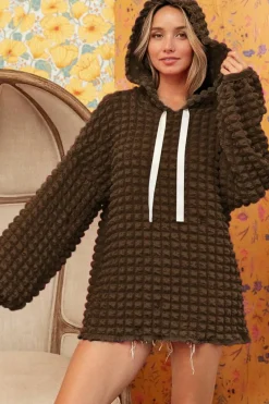 New Dear-Lover Bubble Textured Waffle Hoodie Dark Brown