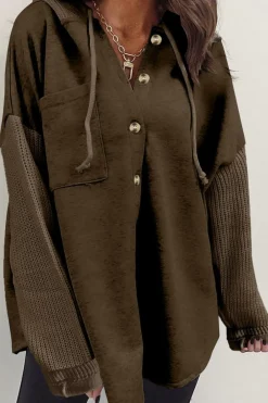 Online Dear-Lover Button Up Contrast Knitted Sleeves Hooded Jacket Dark Brown