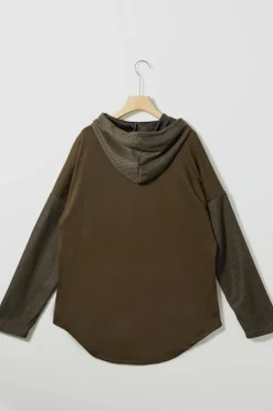 Online Dear-Lover Button Up Contrast Knitted Sleeves Hooded Jacket Dark Brown