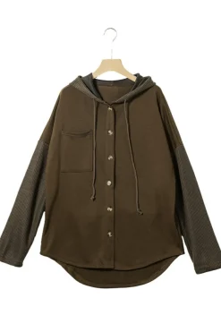 Online Dear-Lover Button Up Contrast Knitted Sleeves Hooded Jacket Dark Brown