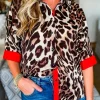 Discount Dear-Lover Contrast Trim Patchwork Leopard Print Half Sleeve Shirt Dark Brown