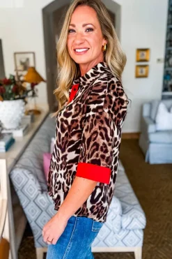 Discount Dear-Lover Contrast Trim Patchwork Leopard Print Half Sleeve Shirt Dark Brown