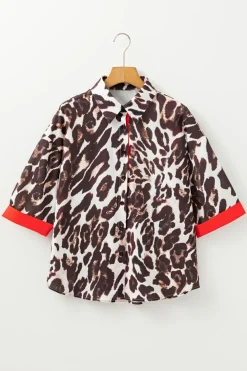Discount Dear-Lover Contrast Trim Patchwork Leopard Print Half Sleeve Shirt Dark Brown