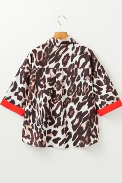 Discount Dear-Lover Contrast Trim Patchwork Leopard Print Half Sleeve Shirt Dark Brown