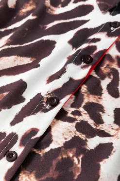 Discount Dear-Lover Contrast Trim Patchwork Leopard Print Half Sleeve Shirt Dark Brown