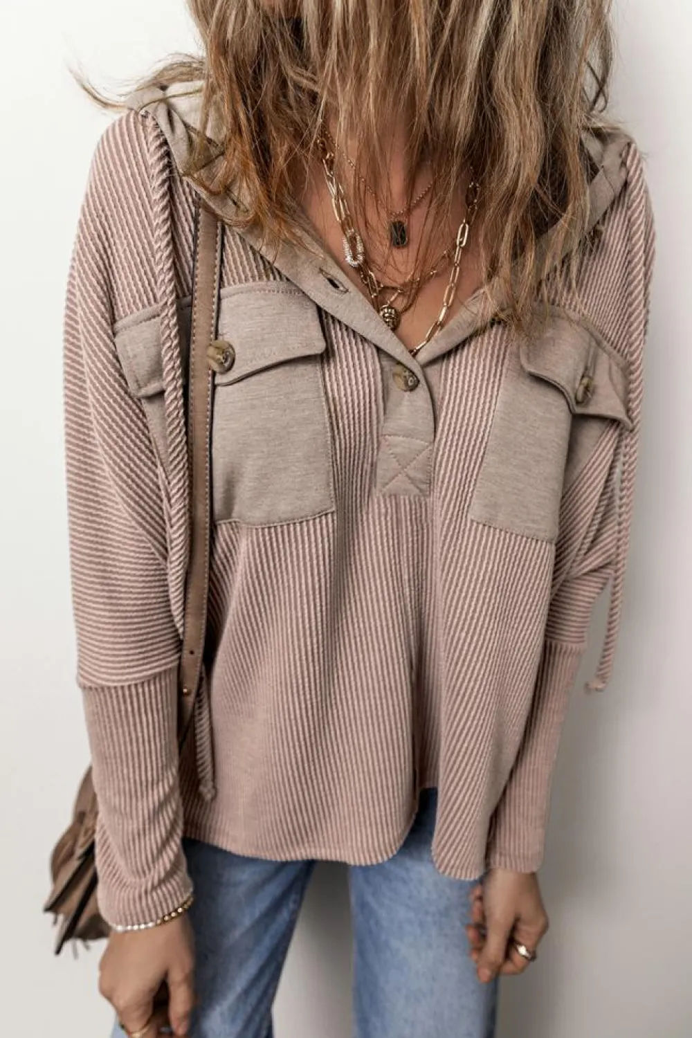 Sale Dear-Lover Flap Pocket Patchwork Corded Drawstring Hoodie Dark Brown