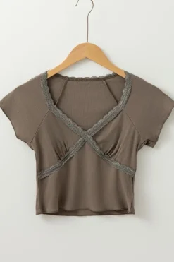 Best Dear-Lover Lace Splicing Criss Cross Slim Fit V Neck T Shirt Dark Brown