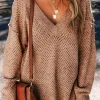 Fashion Dear-Lover Loose Eyelet V Neck Drop Shoulder Sweater Dark Brown