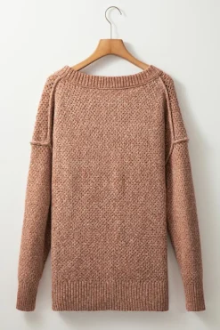 Fashion Dear-Lover Loose Eyelet V Neck Drop Shoulder Sweater Dark Brown