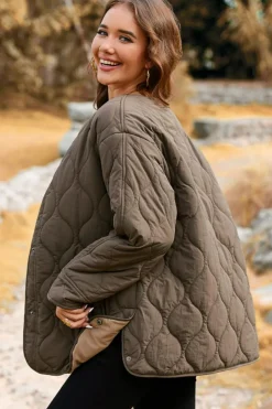 New Dear-Lover Snap Button Quilted Puffer Jacket Dark Brown