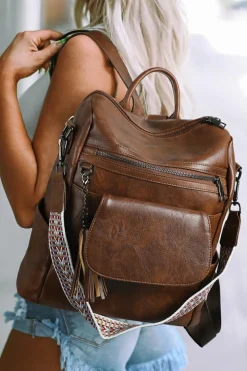Clearance Dear-Lover Tassel Decor Retro PU Large Capacity Backpack Dark Brown
