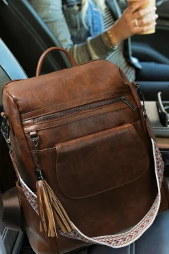 Clearance Dear-Lover Tassel Decor Retro PU Large Capacity Backpack Dark Brown