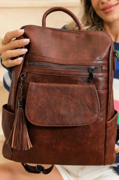 Clearance Dear-Lover Tassel Decor Retro PU Large Capacity Backpack Dark Brown