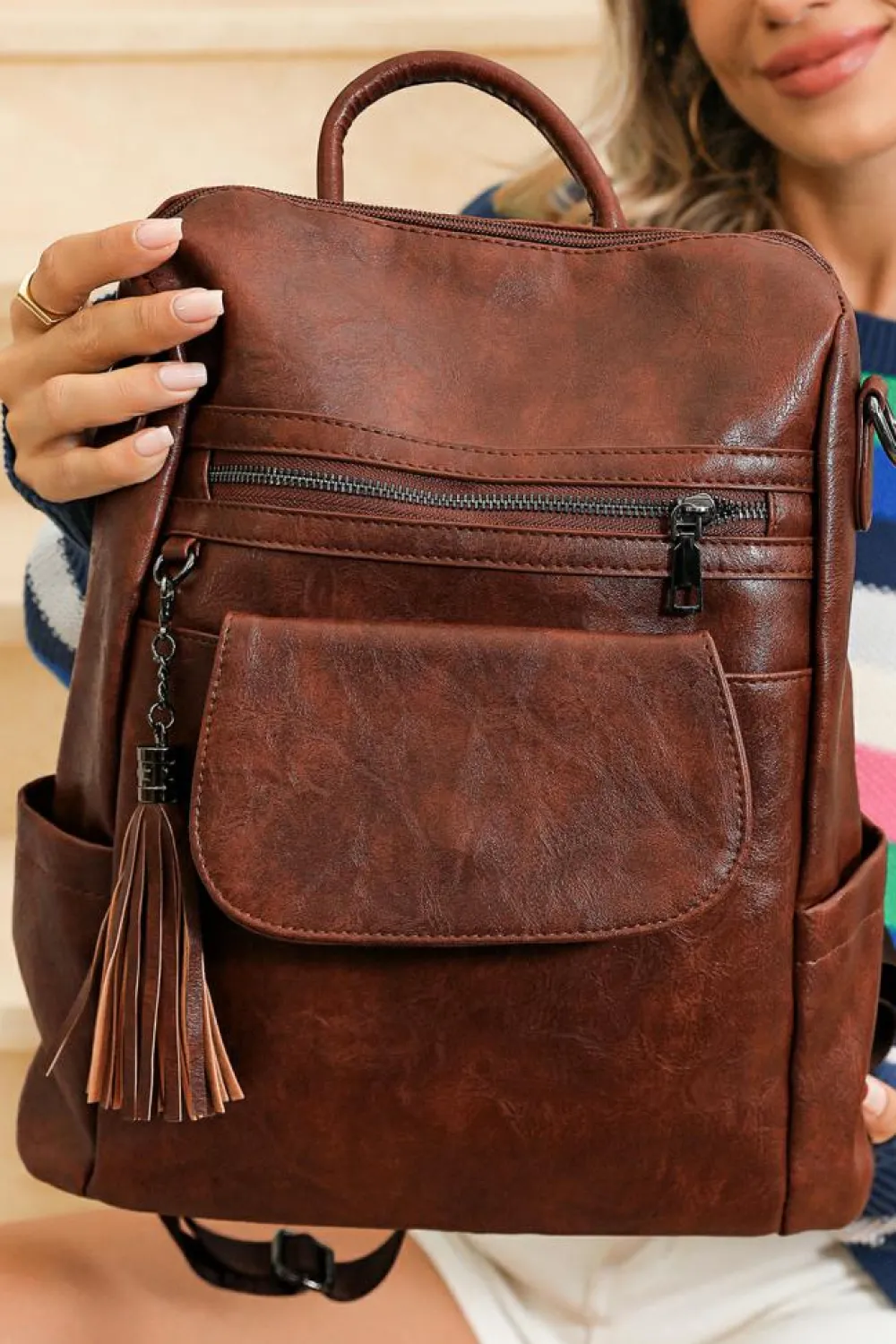 Clearance Dear-Lover Tassel Decor Retro PU Large Capacity Backpack Dark Brown