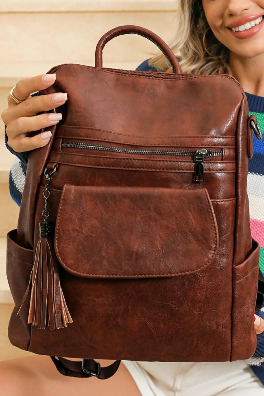 Clearance Dear-Lover Tassel Decor Retro PU Large Capacity Backpack Dark Brown
