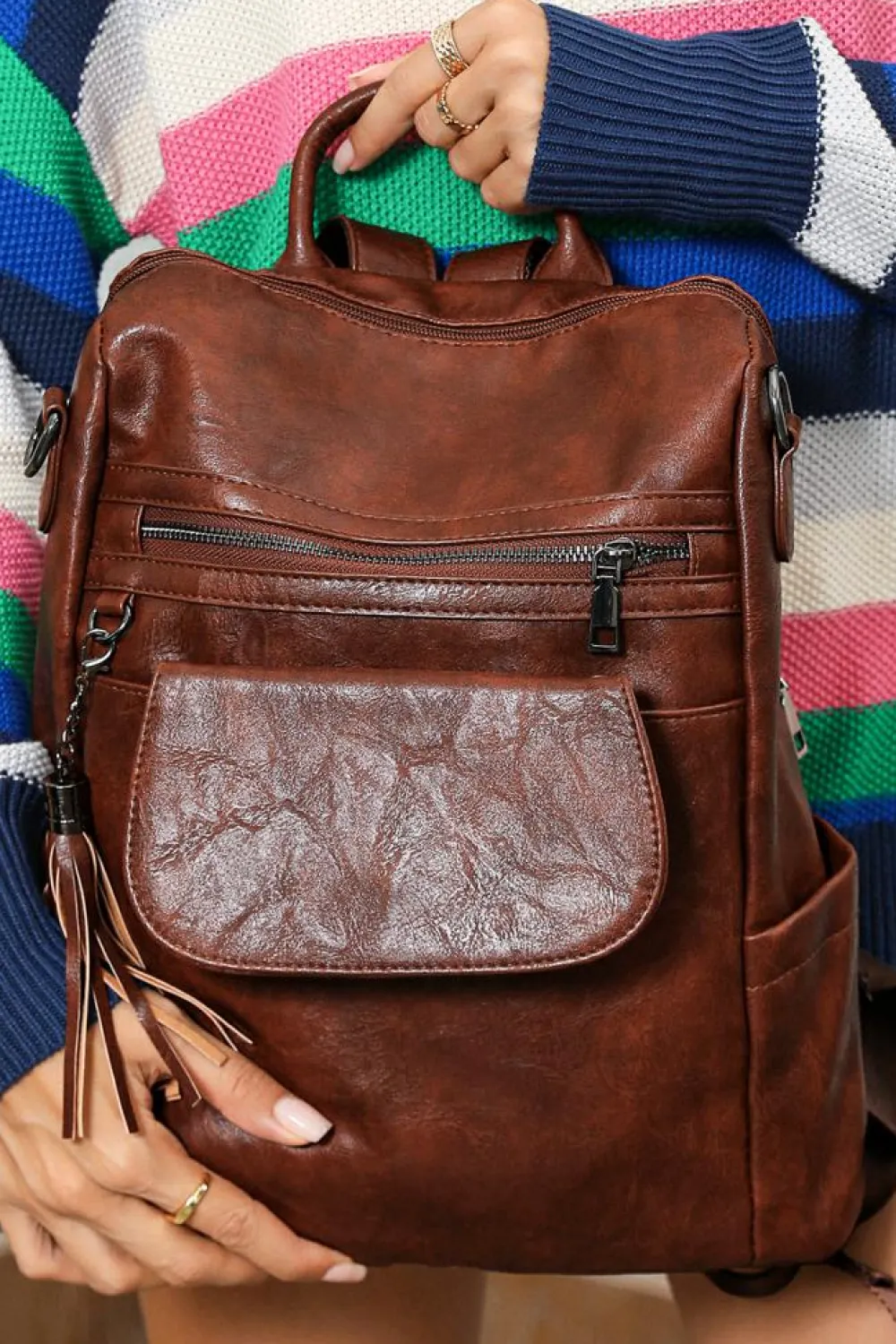 Clearance Dear-Lover Tassel Decor Retro PU Large Capacity Backpack Dark Brown