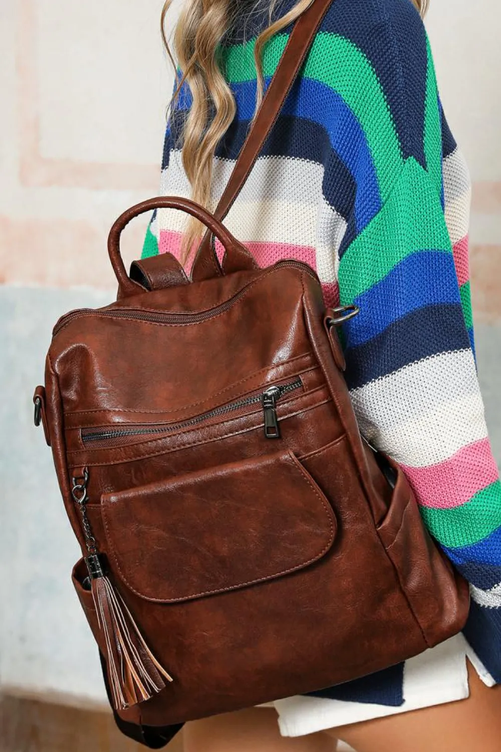 Clearance Dear-Lover Tassel Decor Retro PU Large Capacity Backpack Dark Brown